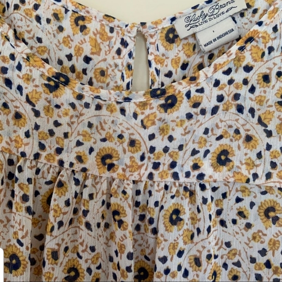 Lucky Boho Flowy Cream Blouse Yellow and Navy Blue Floral Print Size L - Picture 4 of 8